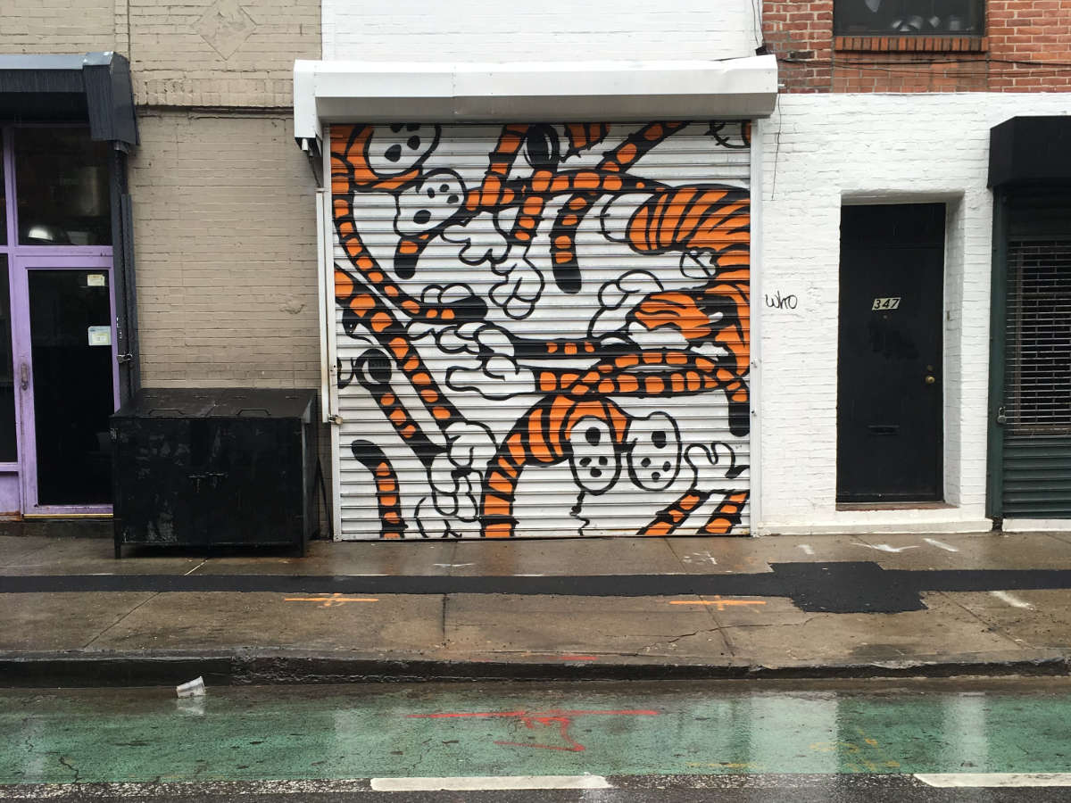 Photo of a sidewalk and facade of buildings from across a street after a rain. In the middle is a roll-up garage door painted with multiple overlapping renderings of Hobbes from the Calvin and Hobbes. The other facades are made of brick, with an unmarked storefront door to the left and a residential door to the right.